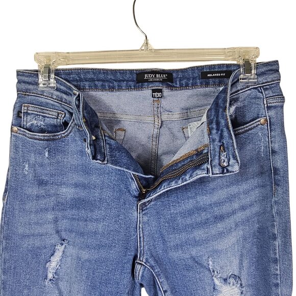 Judy Blue Women's 30 Relaxed Fit Distressed Stretch Mid Rise Tapered Blue Jeans - Picture 5 of 11